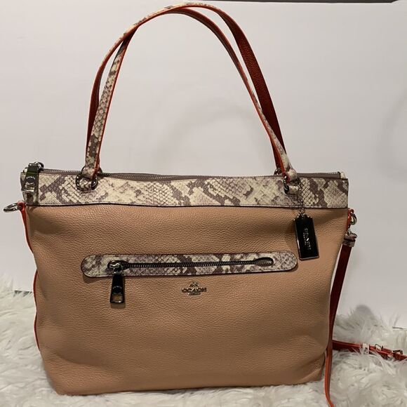 COACH pebbled leather tote embossed snake print accent zip top adjustable strap - Picture 16 of 16